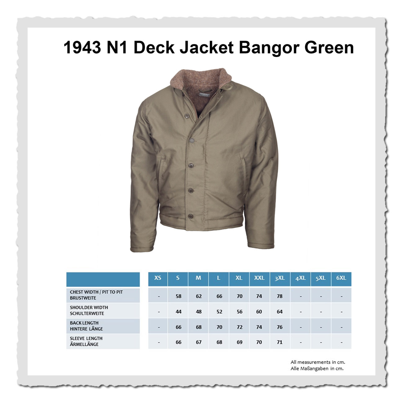 Masstabelle der Pike Brothers 1943 N1 Deck Jacket Bangor Green